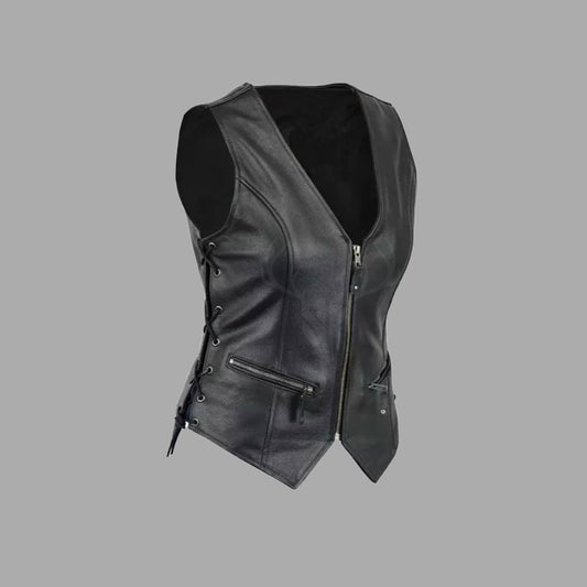 Womens Black Leather Motorcycle Club Side-Laced Vest