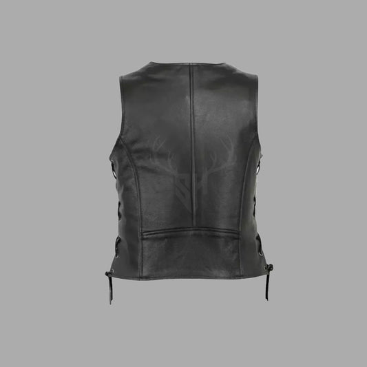 Womens Black Leather Motorcycle Club Side-Laced Vest