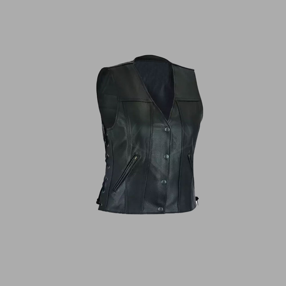 Womens Black Leather Motorcycle Club Side-Laced Vest