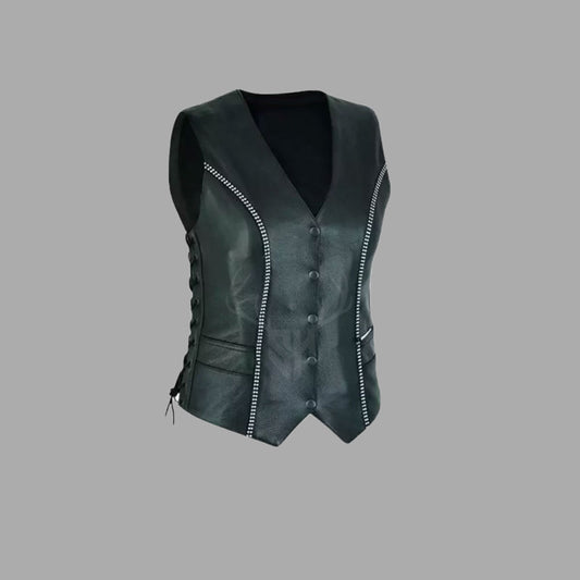 Womens Black Leather Motorcycle Club Side-Laced Studed Vest