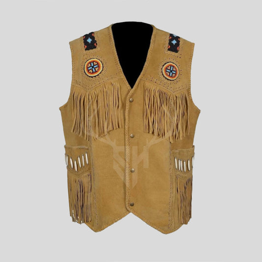 Western Leather Fringe Cowboy Vest - Tan