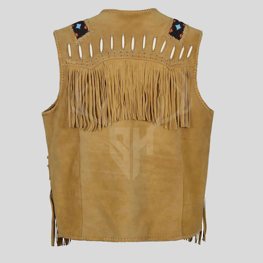 Western Leather Fringe Cowboy Vest - Tan