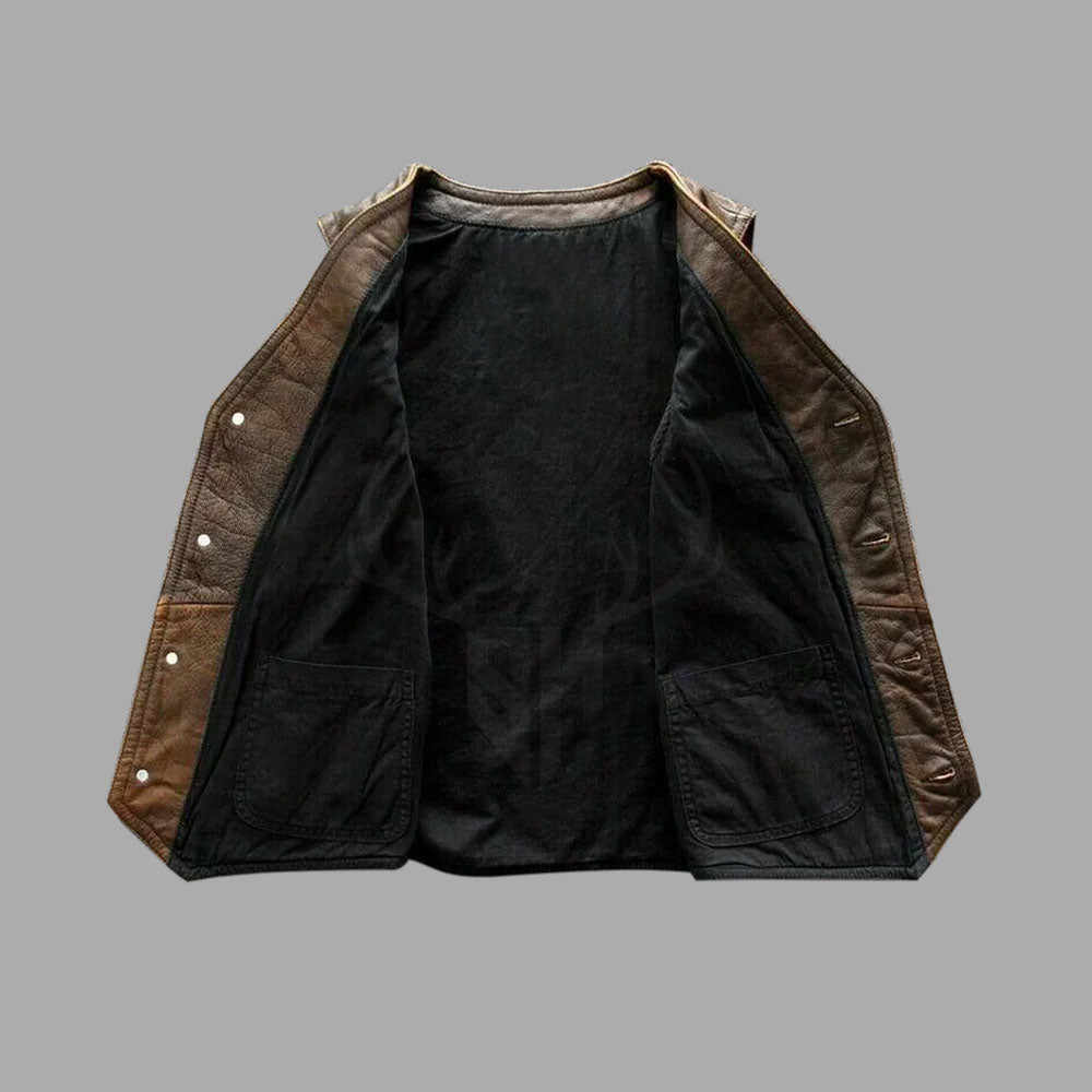 Brown Distressed Vintage Leather Multi Pocket Vest