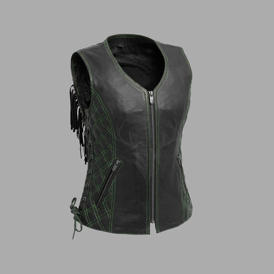 Womens Black Leather Motorcycle Club Fringed Vest