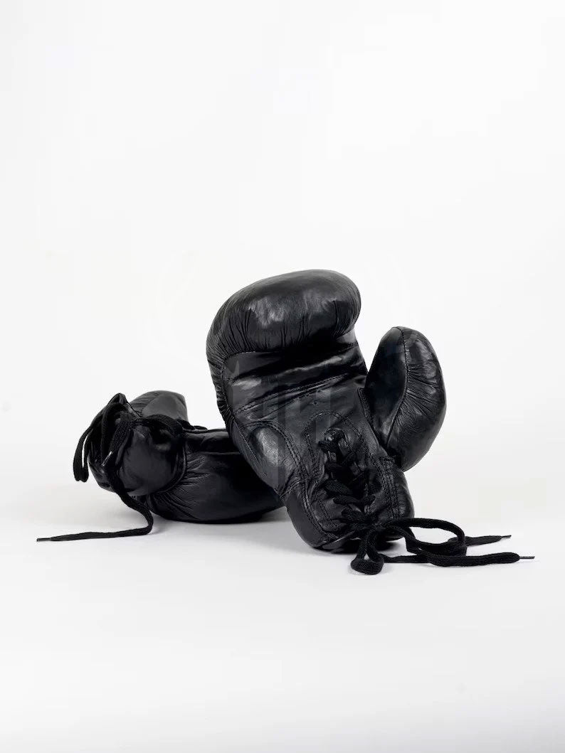 Retro Vintage Black Heavy Leather Boxing Gloves - Personalizable