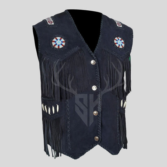 Western Leather Fringe Cowboy Vest - Black