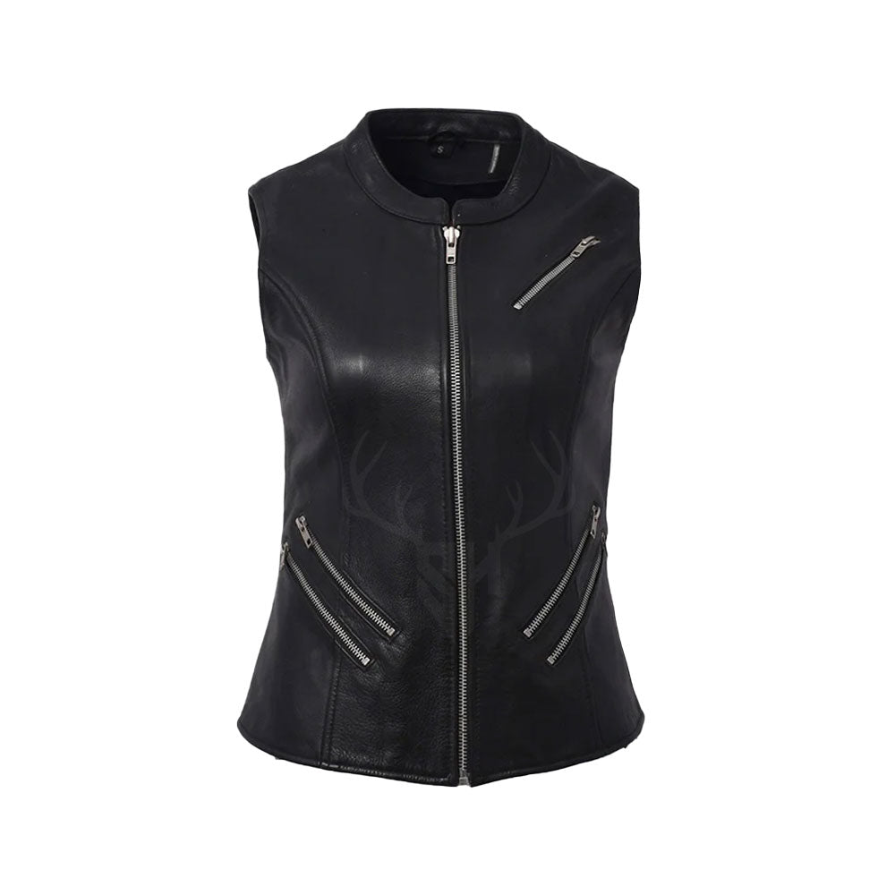 Womens Black Leather Motorcycle Club Zipper Vest