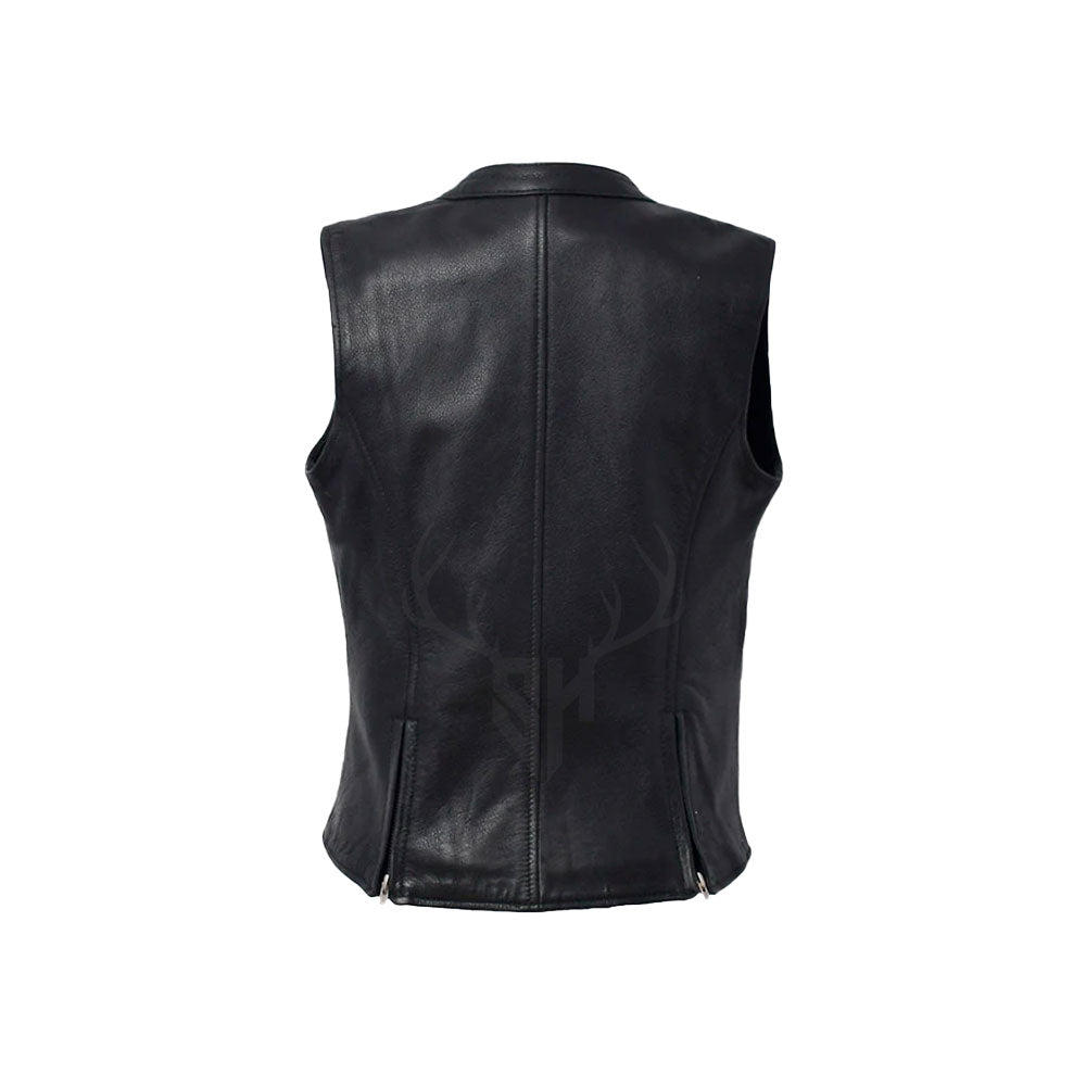 Womens Black Leather Motorcycle Club Zipper Vest