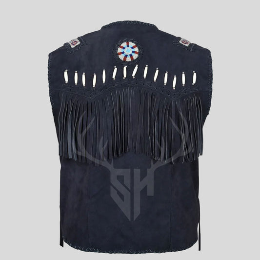 Western Leather Fringe Cowboy Vest - Black