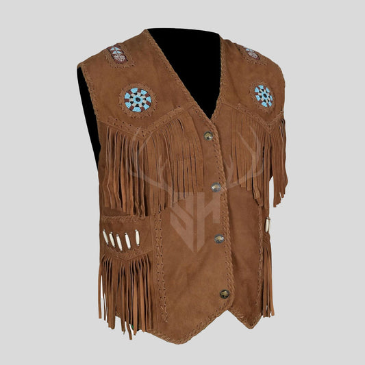 Western Leather Fringe Cowboy Vest - Chocolate Brown