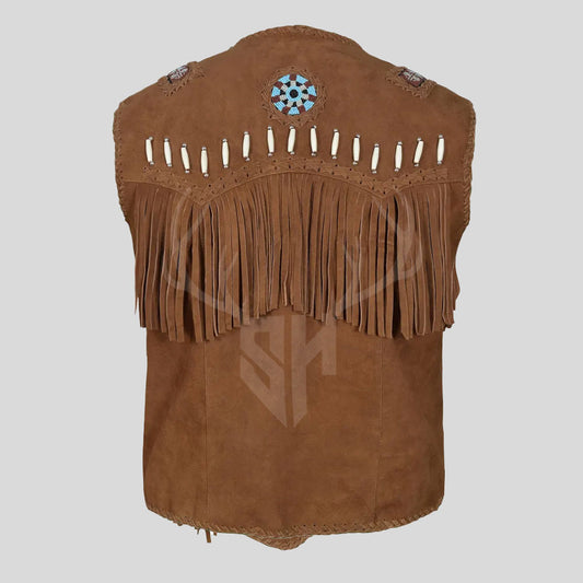 Western Leather Fringe Cowboy Vest - Chocolate Brown