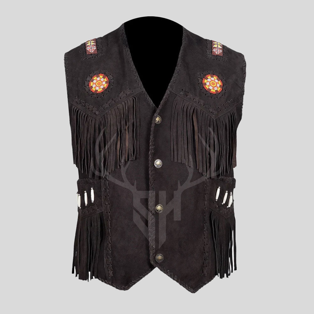 Western Leather Fringe Cowboy Vest - Chocolate Brown